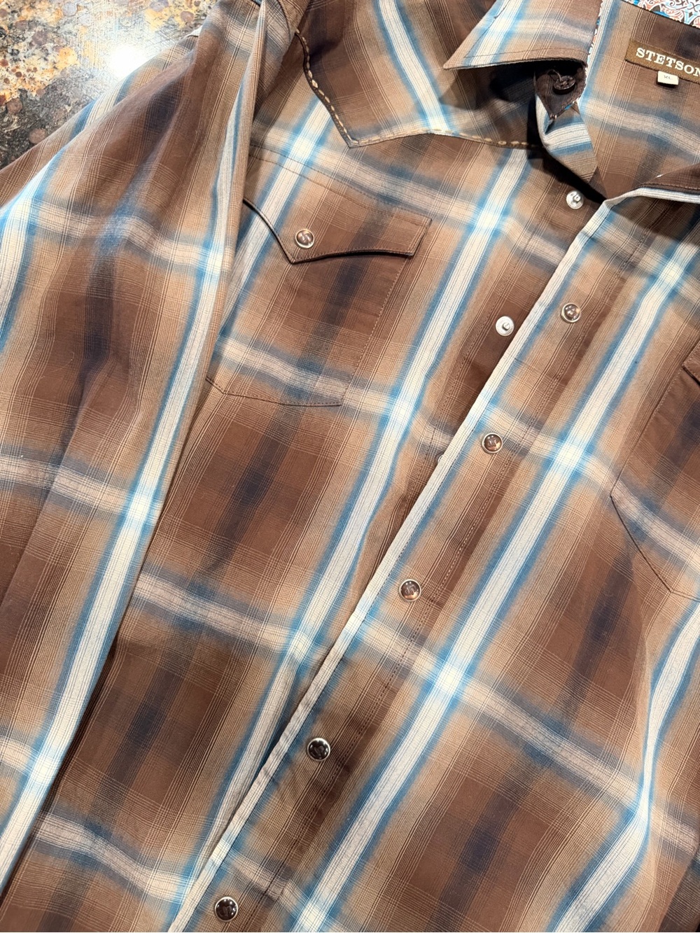 Stetson Brown Plaid Button-Down Shirt with Blue Stripes - Picture 3 of 3
